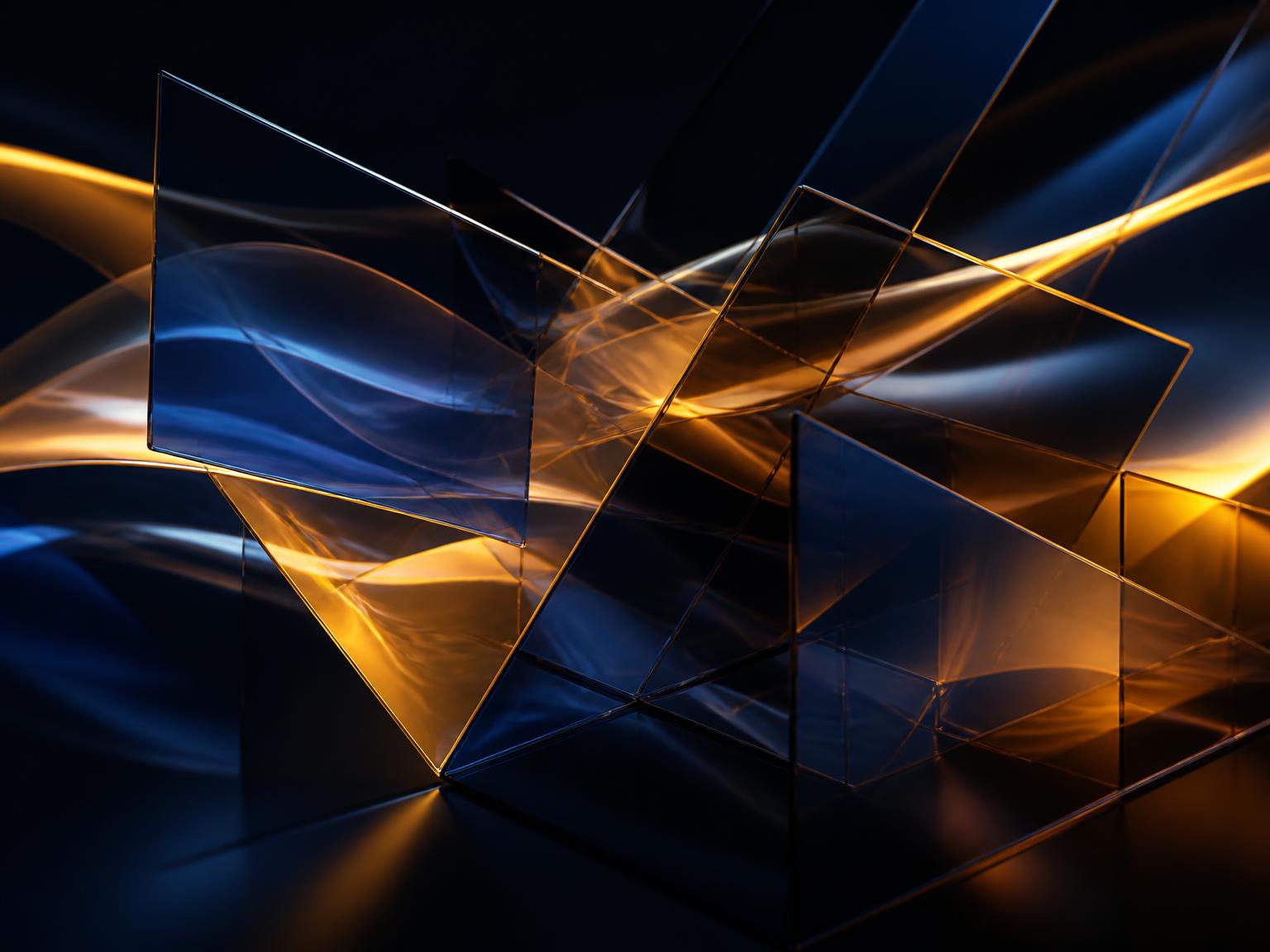 Abstract composition of glass panels and light beams representing integrated digital solutions